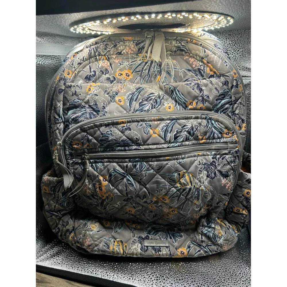 Vera Bradley Quilted Backpack Gray Floral Botanical Print Multi Pocket Travel